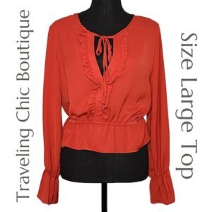 Traveling Chic Boutique- Elegant Rust Ruffle Blouse - Size Large
